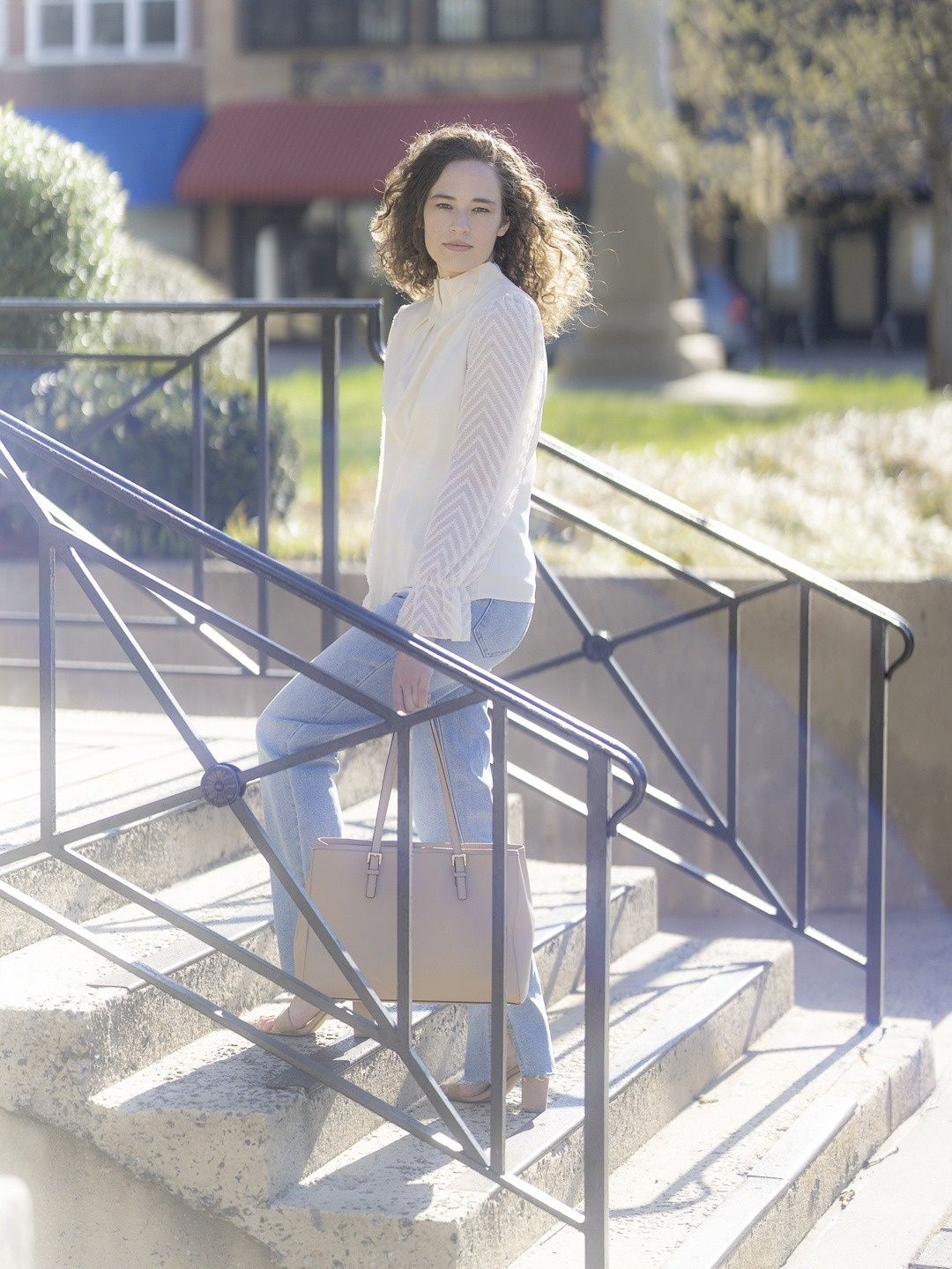 Chiffon Long Puff Sleeve Mock Neck Blouse