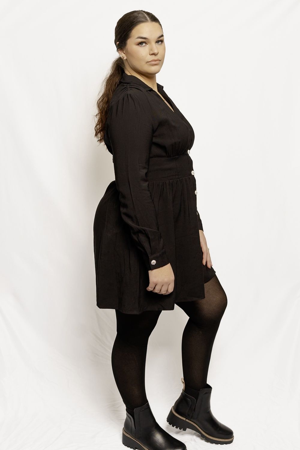 Elastic Cinched High Waist Long Sleeve Shirt Mini Dress