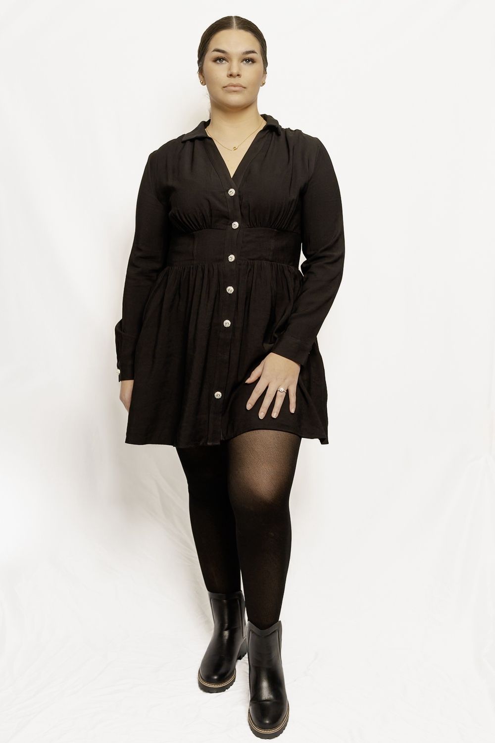 Elastic Cinched High Waist Long Sleeve Shirt Mini Dress, Color: Black, Size: Small