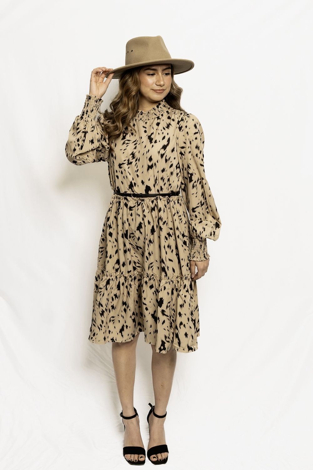 Printed Long Sleeved Strap Patchwork Dress, Color: Brown, Fabric: P, Size: Small
