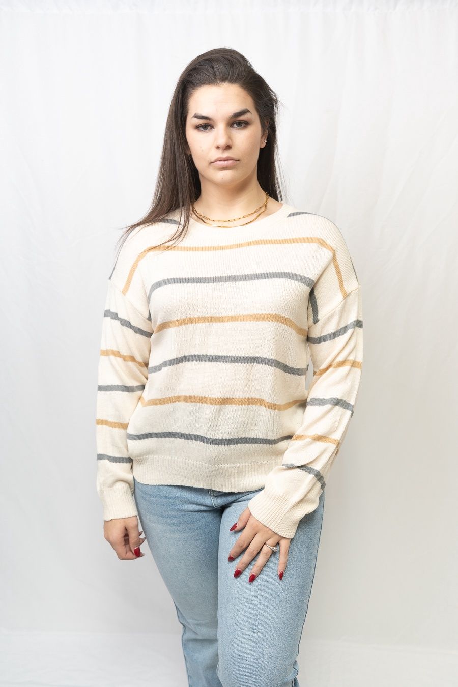 Striped Loose Fit Pullover Sweater, Color: Apricot, Size: Small