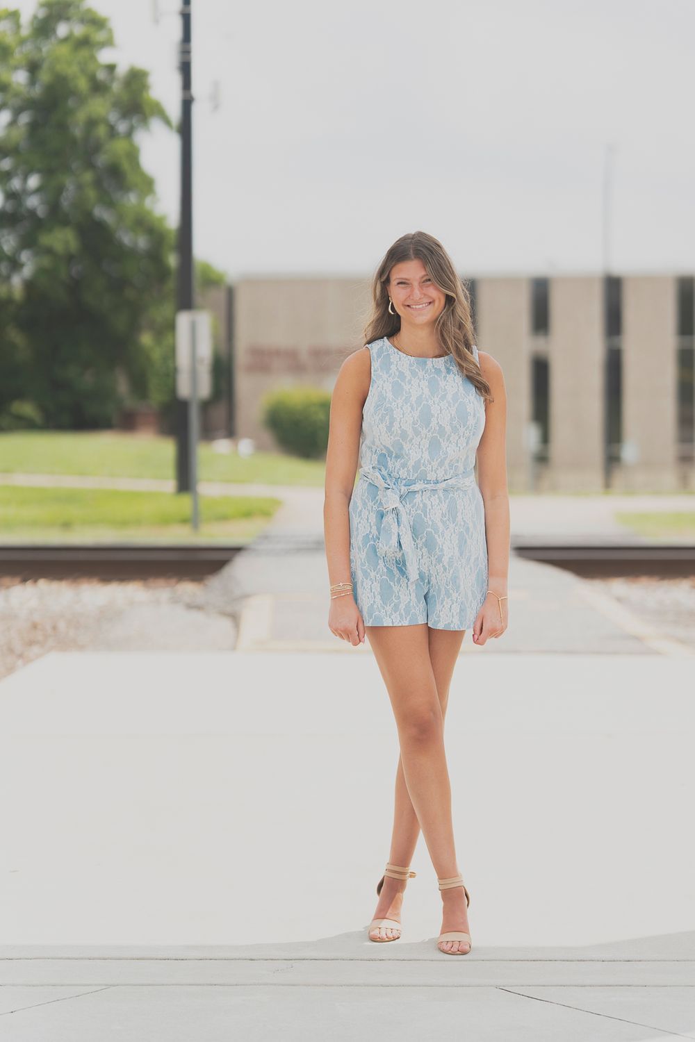 A Woven Bonded Lace Romper, Color: DENIM BLUE, Fit: Contemporary, Size: Small