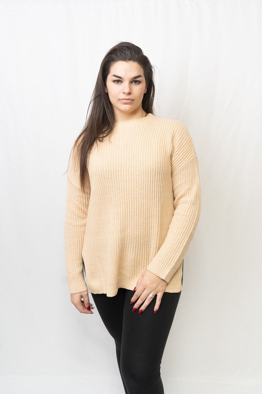 Cable Knit Drop Shoulder Sweater, Color: Apricot, Material: CA, Size: Small