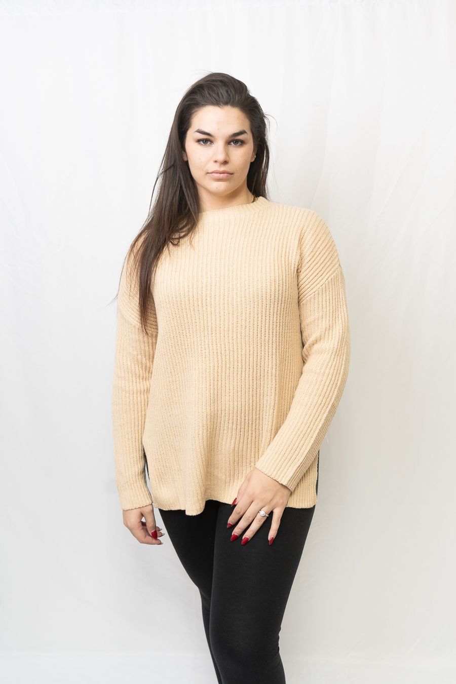 Cable Knit Drop Shoulder Sweater, Color: Apricot, Material: CA, Size: S