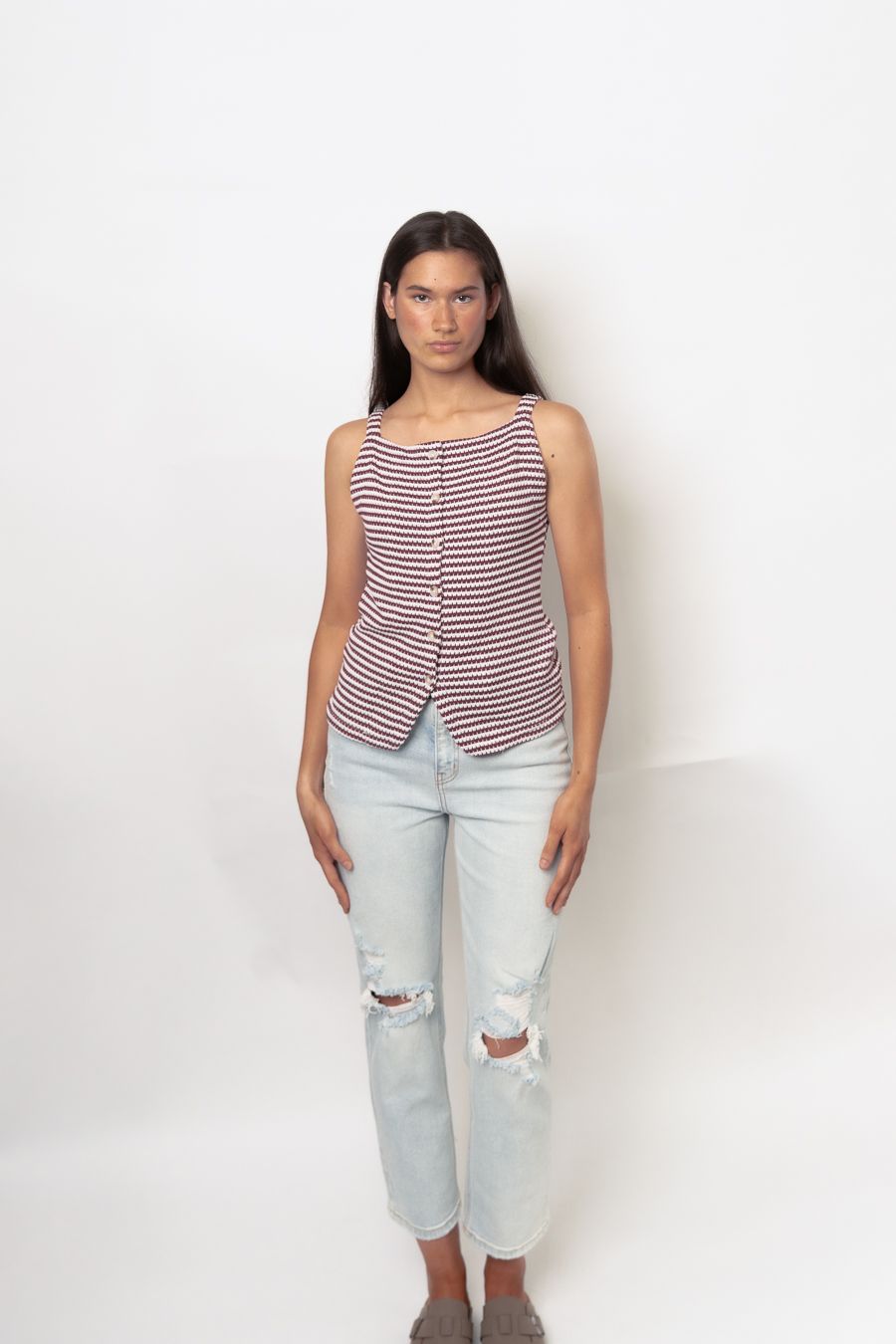 Striped  Sleeveless Tank Top, Color: Burgundy, Size: S