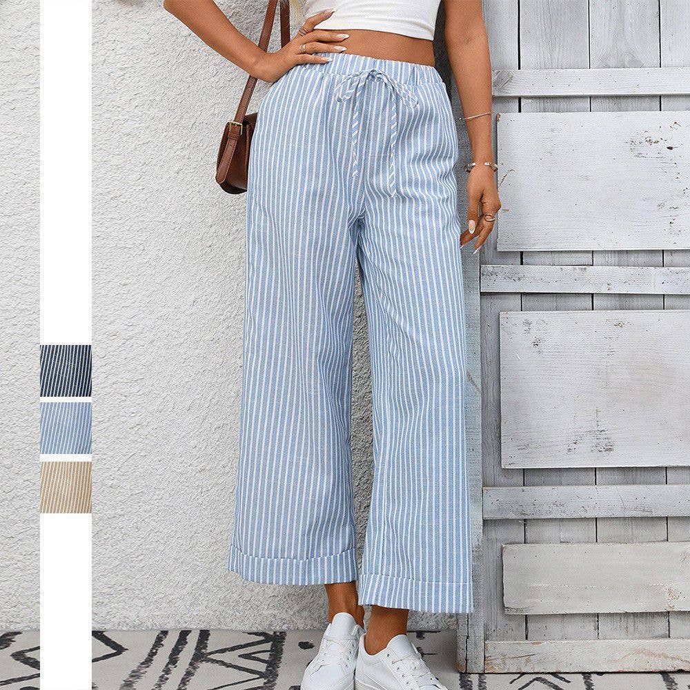 Striped High Waist Casual Pants, Color: Light Blue, Material: Polyester, Size: Small