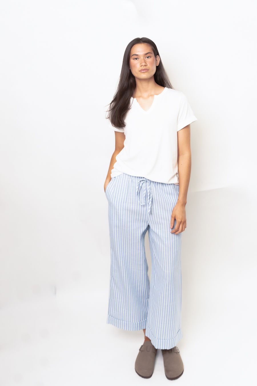 Striped High Waist Casual Pants, Color: Light Blue, Material: Polyester, Size: Small