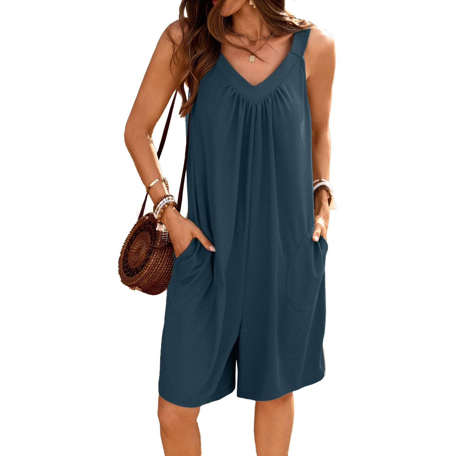 Carson V-Neck Sleeveless Romper, Color: Blue, Size: Small