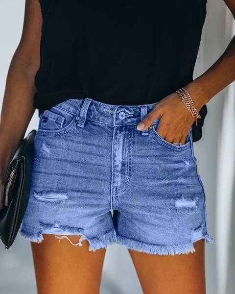 High-Waisted Ripped Denim Shorts, Color: Lighter Blue, Size: S