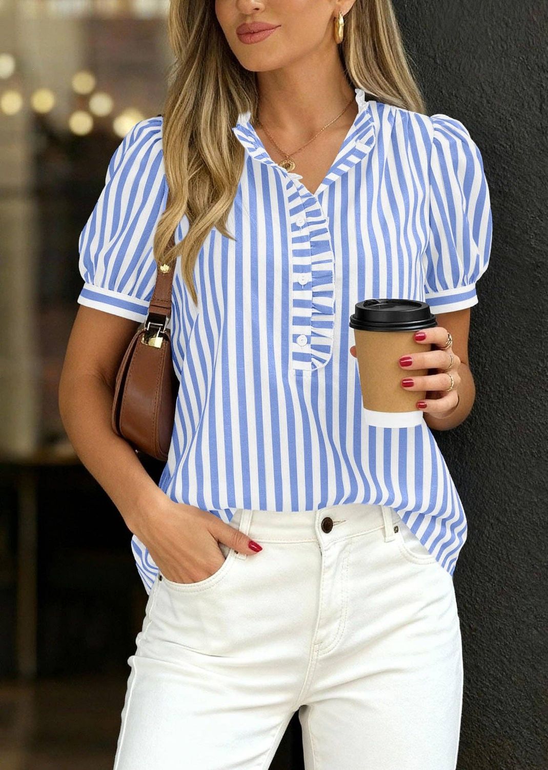 Nora Striped Ruffle V Neck Blouse