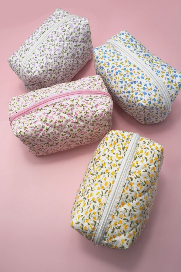 Quilted Cotton Floral Cosmetic Bag, Color: Pink