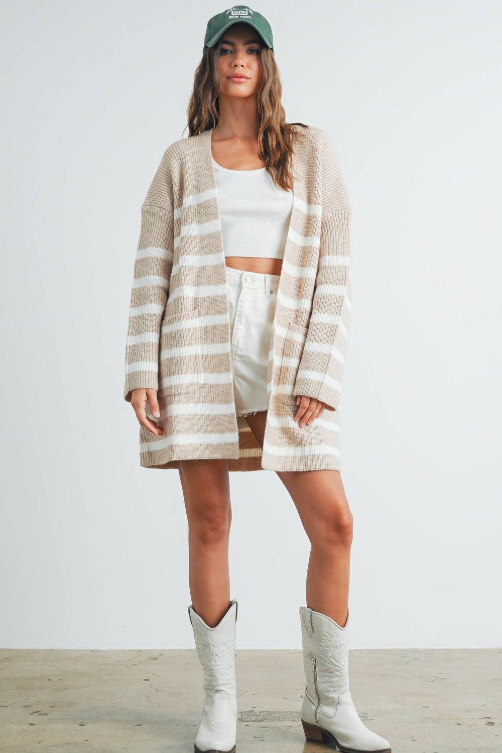 Knitted Stripe Maxi Cardigan, Color: Ivory/Taupe, Size: M