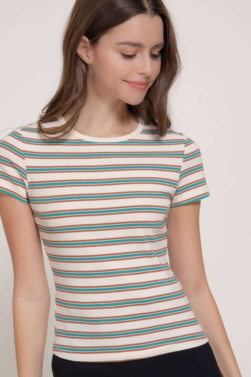 Fitted Short Sleeve Mult-stripe Rib Knit Top