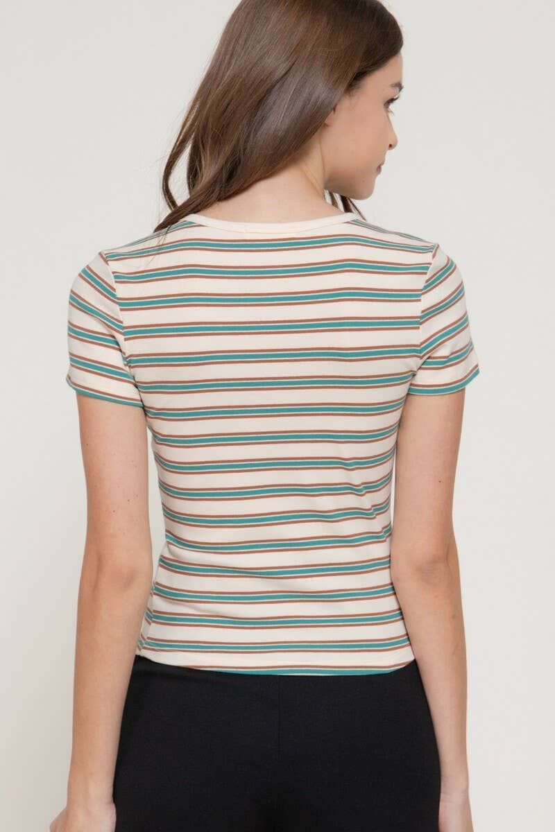 Fitted Short Sleeve Mult-stripe Rib Knit Top