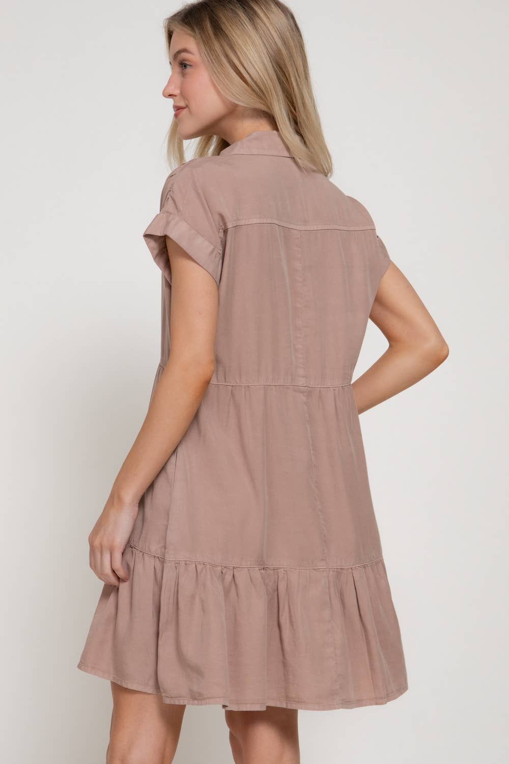 Dolman Sleeve Ruffled Tencel Mini Dress w/ Pockets, Color: Taupe, Size: L