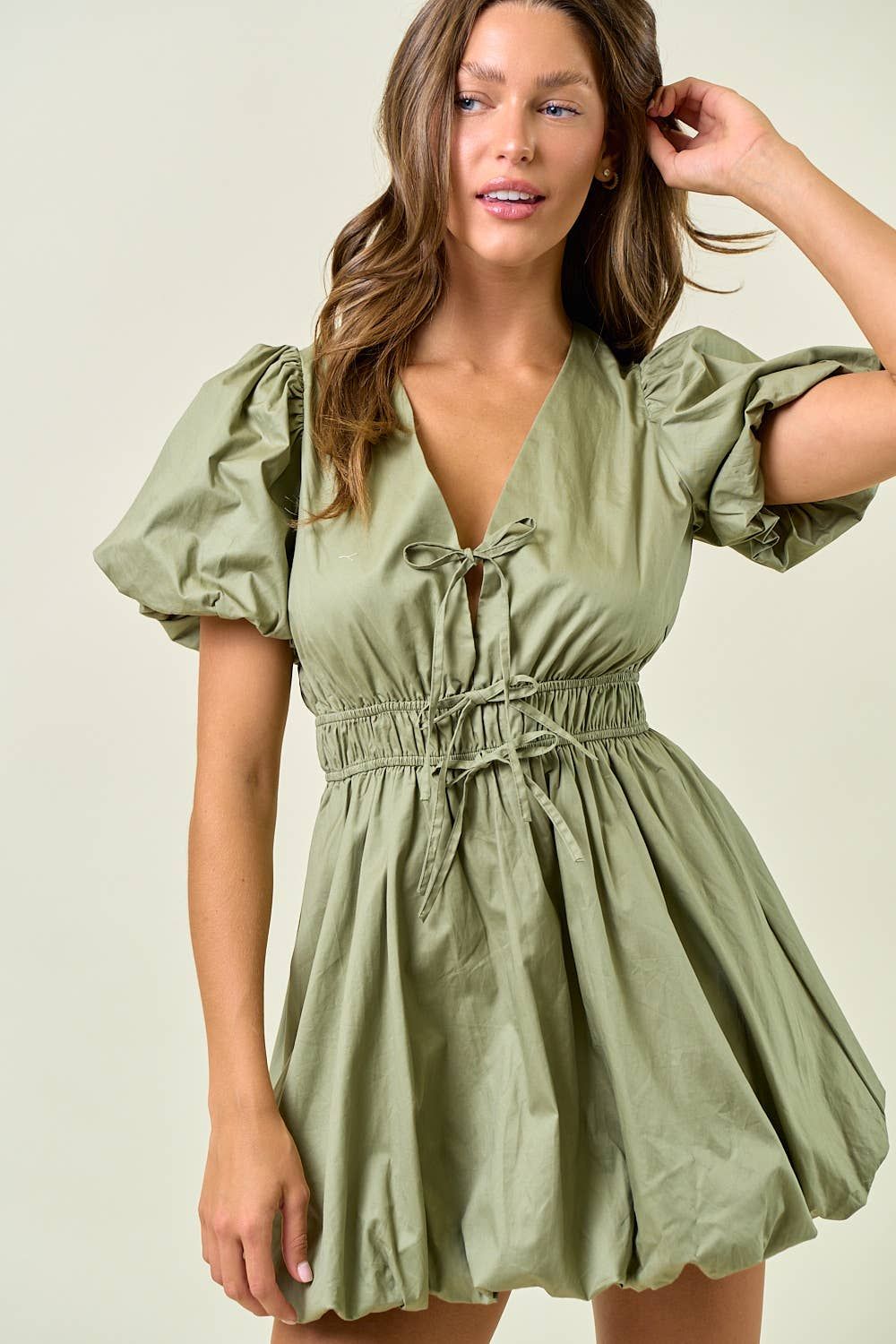 Tamar Puff Sleeve Bubble Hem Mini Dress, Color: SAGE, Size: L