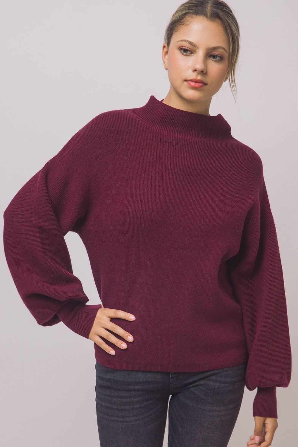 Oversized Mock-neck Balloon-sleeve Sweater, Color: Burgundy, Size: S