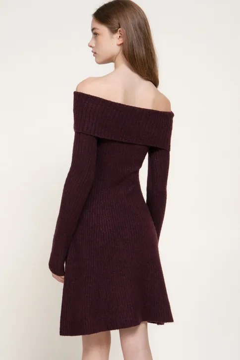 Off The Shoulder A-line Sweater Mini Dress, Color: Brown, Size: S