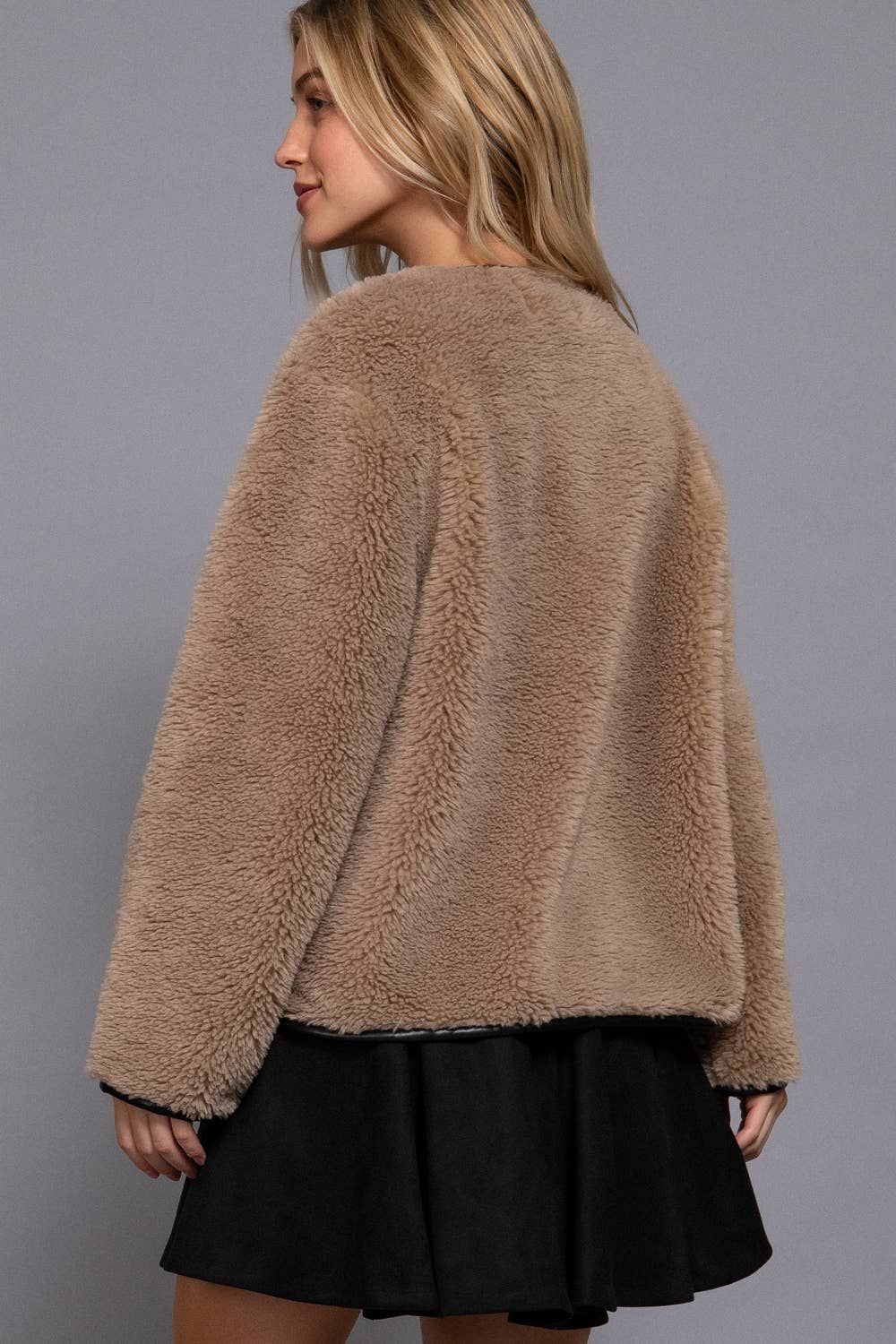 Long Sleeve Crew Neck with Toggle Look Button Fluffy Jacket