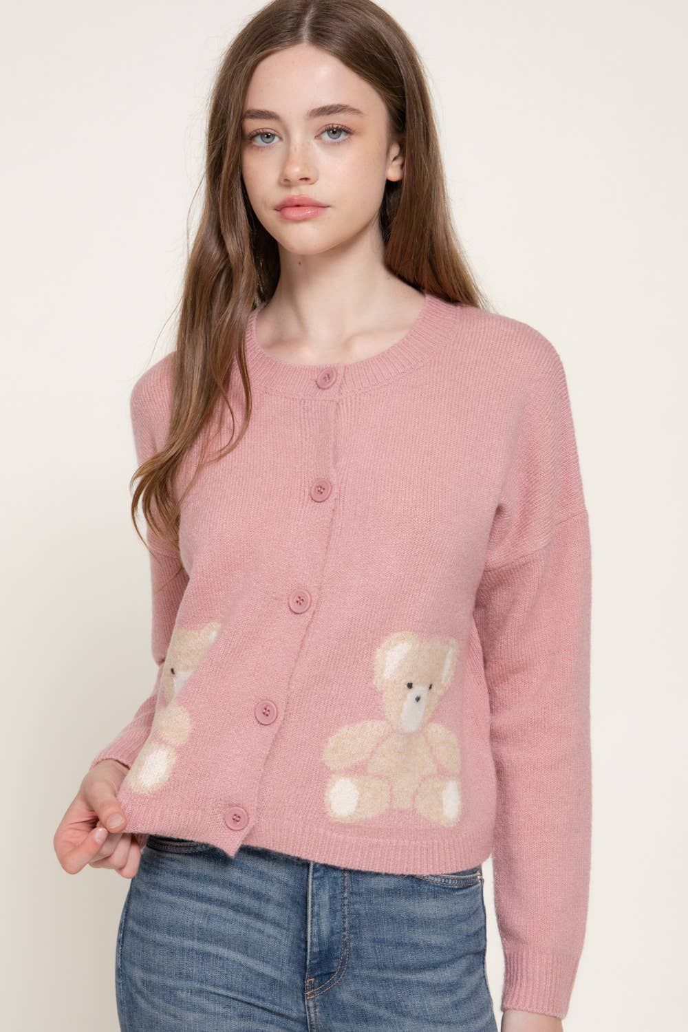 Long Sleeve Round Neck Jacquard Bear Sweater Cardigan