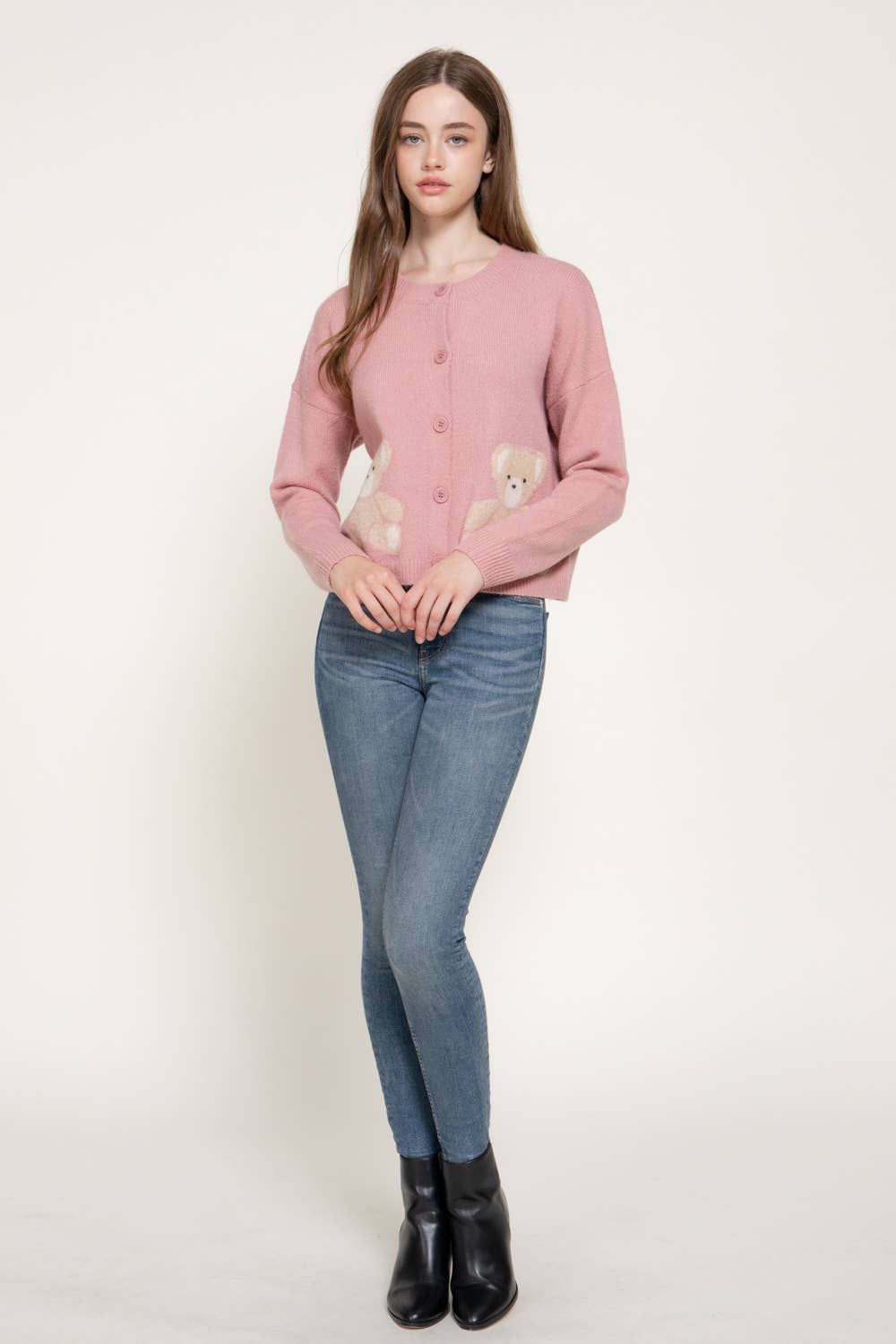 Long Sleeve Round Neck Jacquard Bear Sweater Cardigan