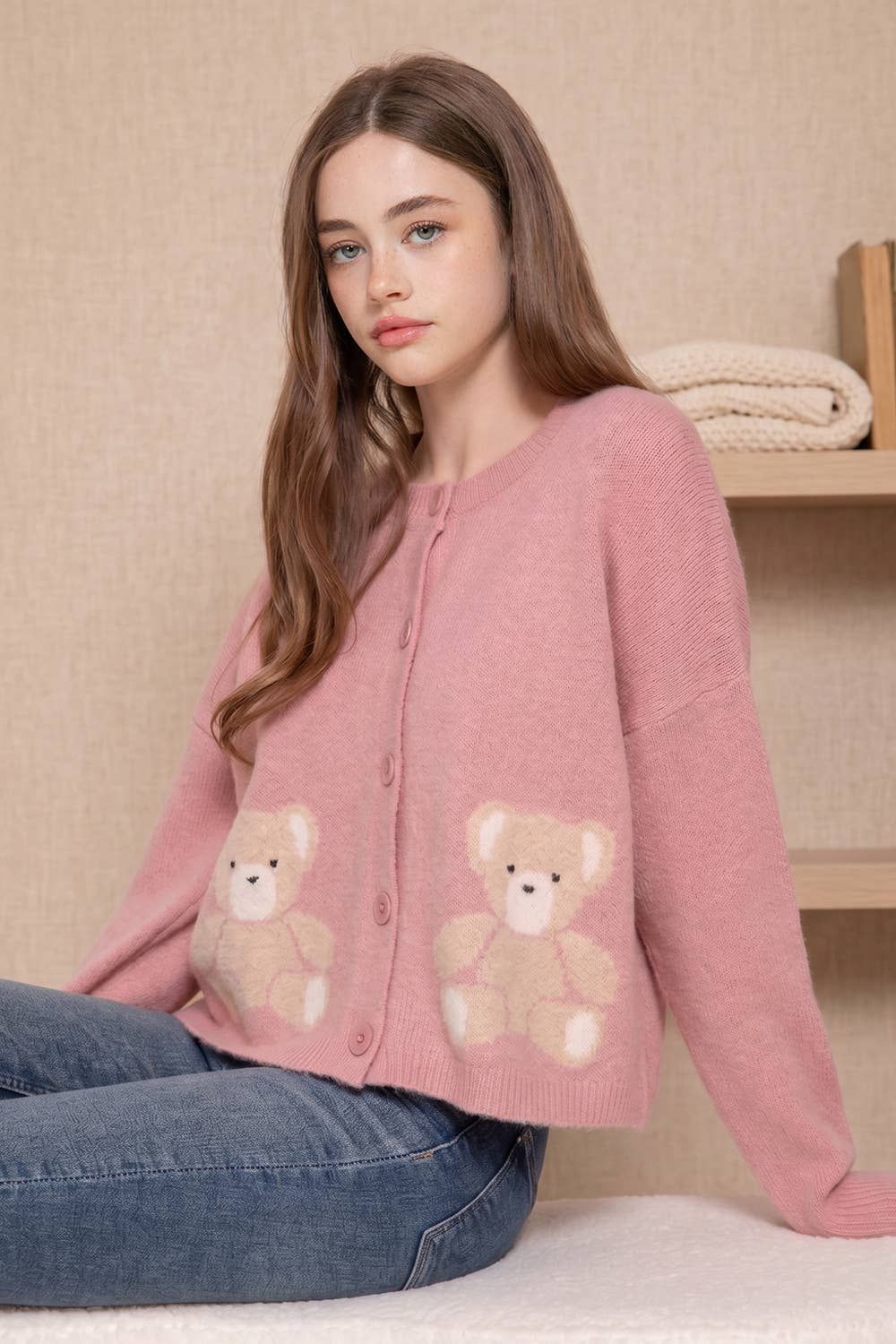Long Sleeve Round Neck Jacquard Bear Sweater Cardigan, Color: Pink, Size: M