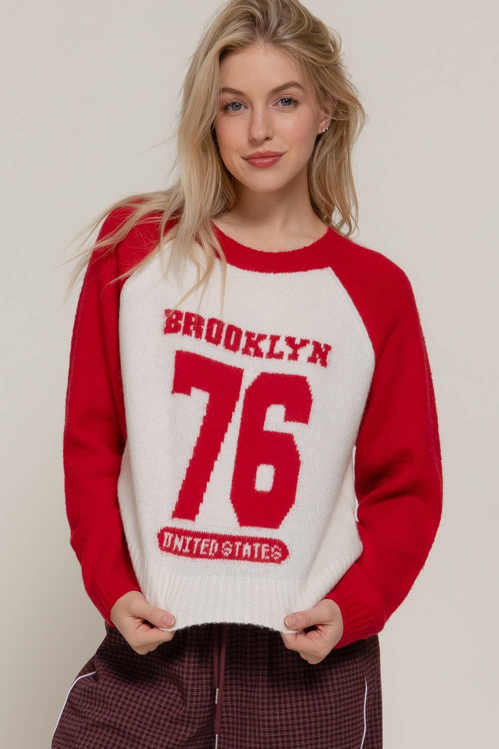 Raglan Long Sleeve Round Neck Jacquard Sweater, Color: Red, Size: L