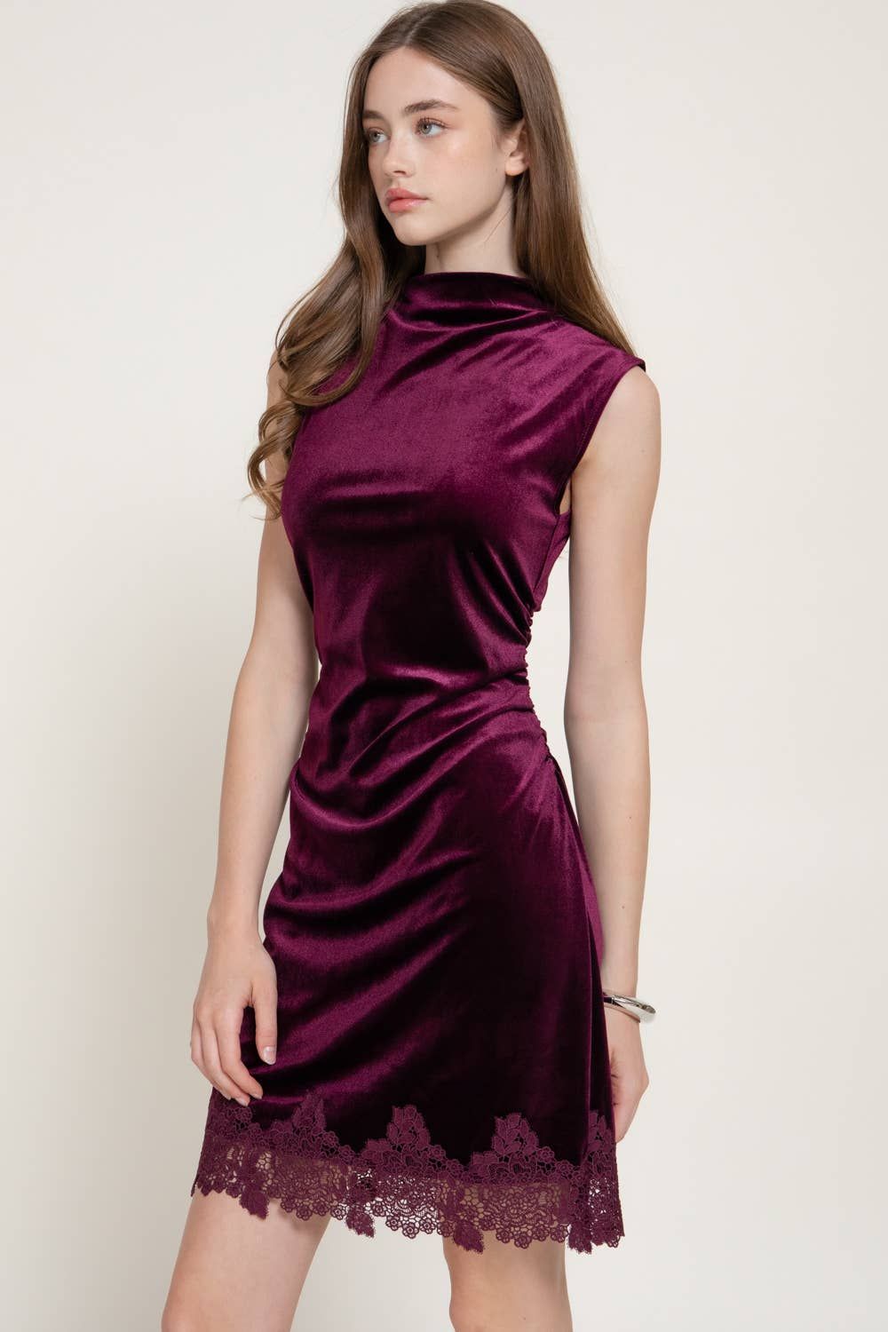 Sleeveless High Neck Lace Trim Velvet Mini Dress