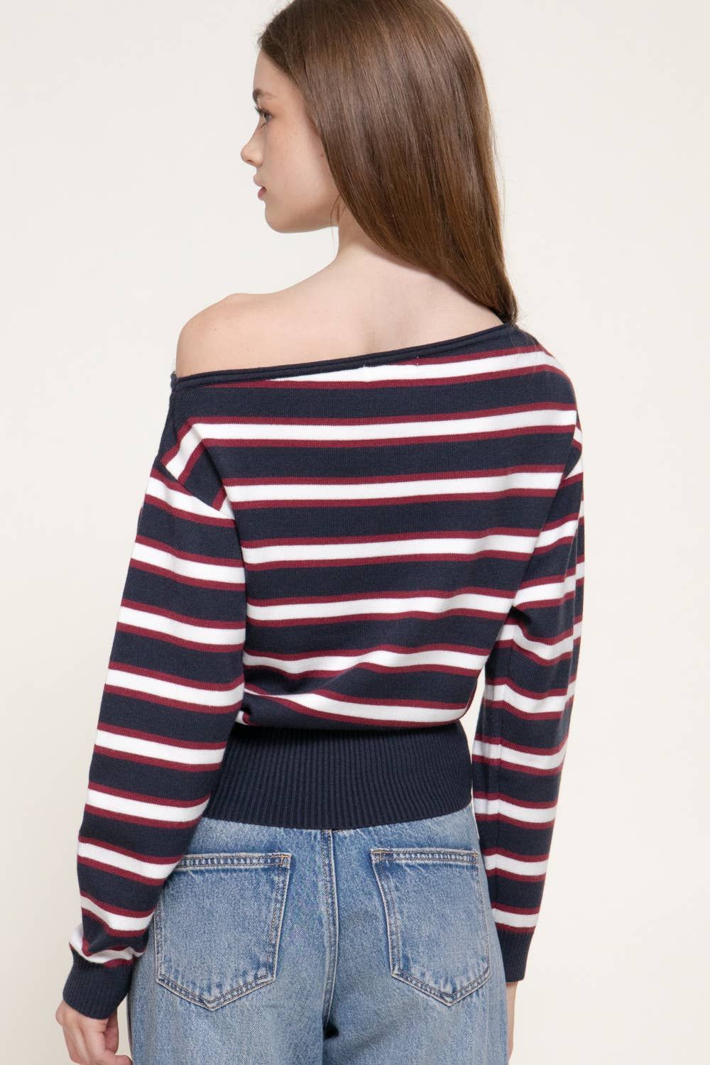 Long Sleeve Asymmetrical Neckline Multi Stripe Sweater Top