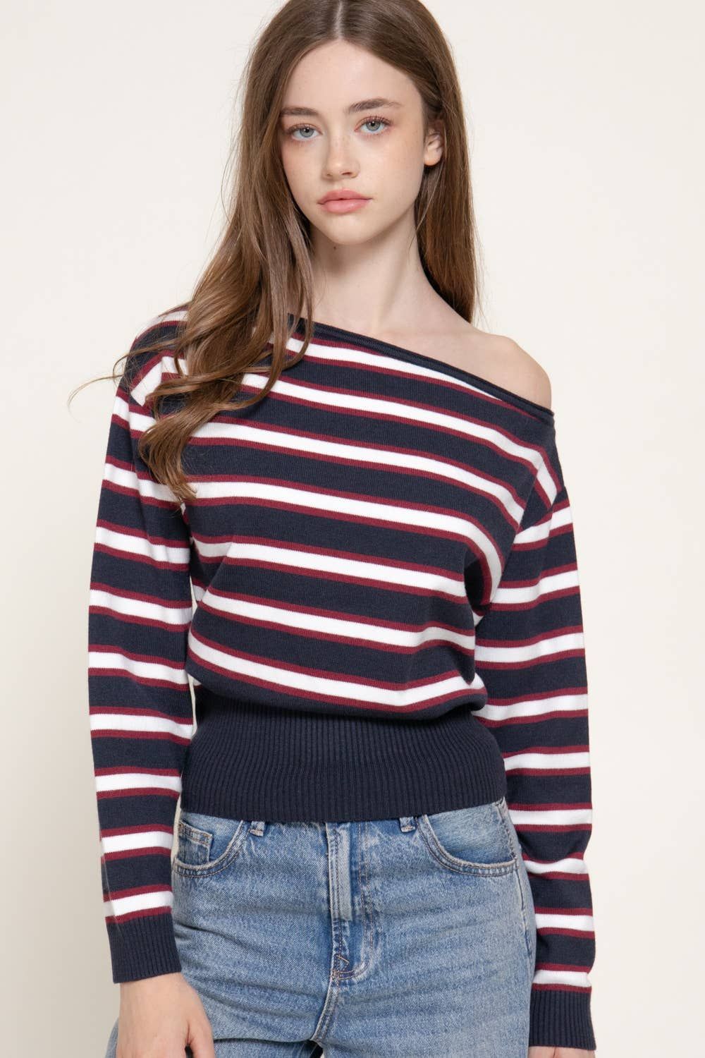 Long Sleeve Asymmetrical Neckline Multi Stripe Sweater Top, Color: Navy/White, Size: S