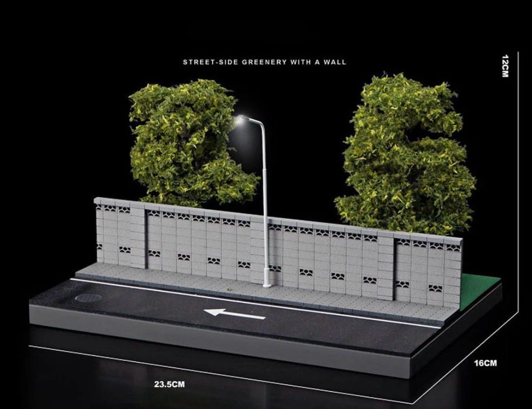 1:64 Scale Street-Side Greenery Diorama – Minimalist Urban Wall &amp; LED Lamppost Display