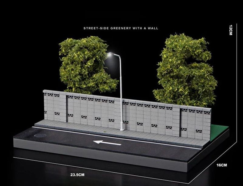 1:64 Scale Street-Side Greenery Diorama – Minimalist Urban Wall &amp; LED Lamppost Display