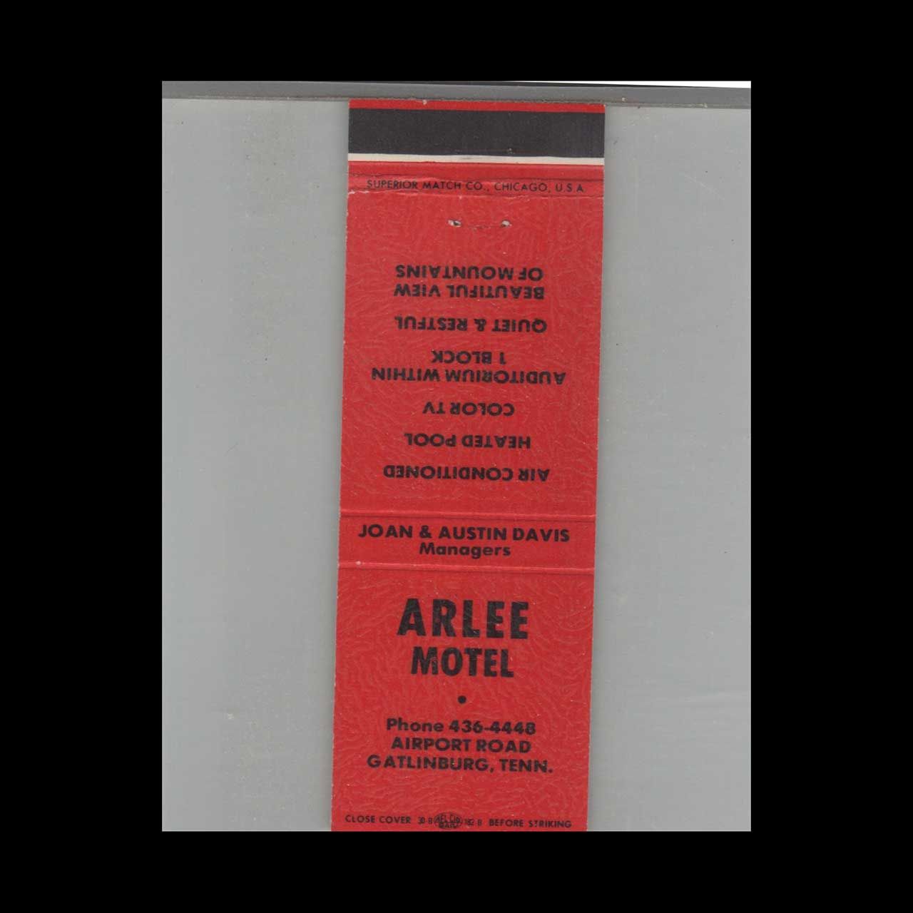 Arlee Motel Gatlinburg, TN Vintage Advertising Matchbook Cover Vintage Advertising Collectible