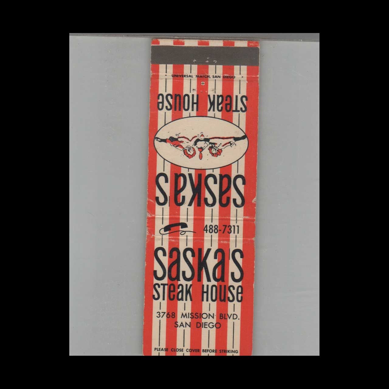 Saskas Steak House San Diego, CA Vintage Advertising Matchbook Cover Vintage Advertising Collectible
