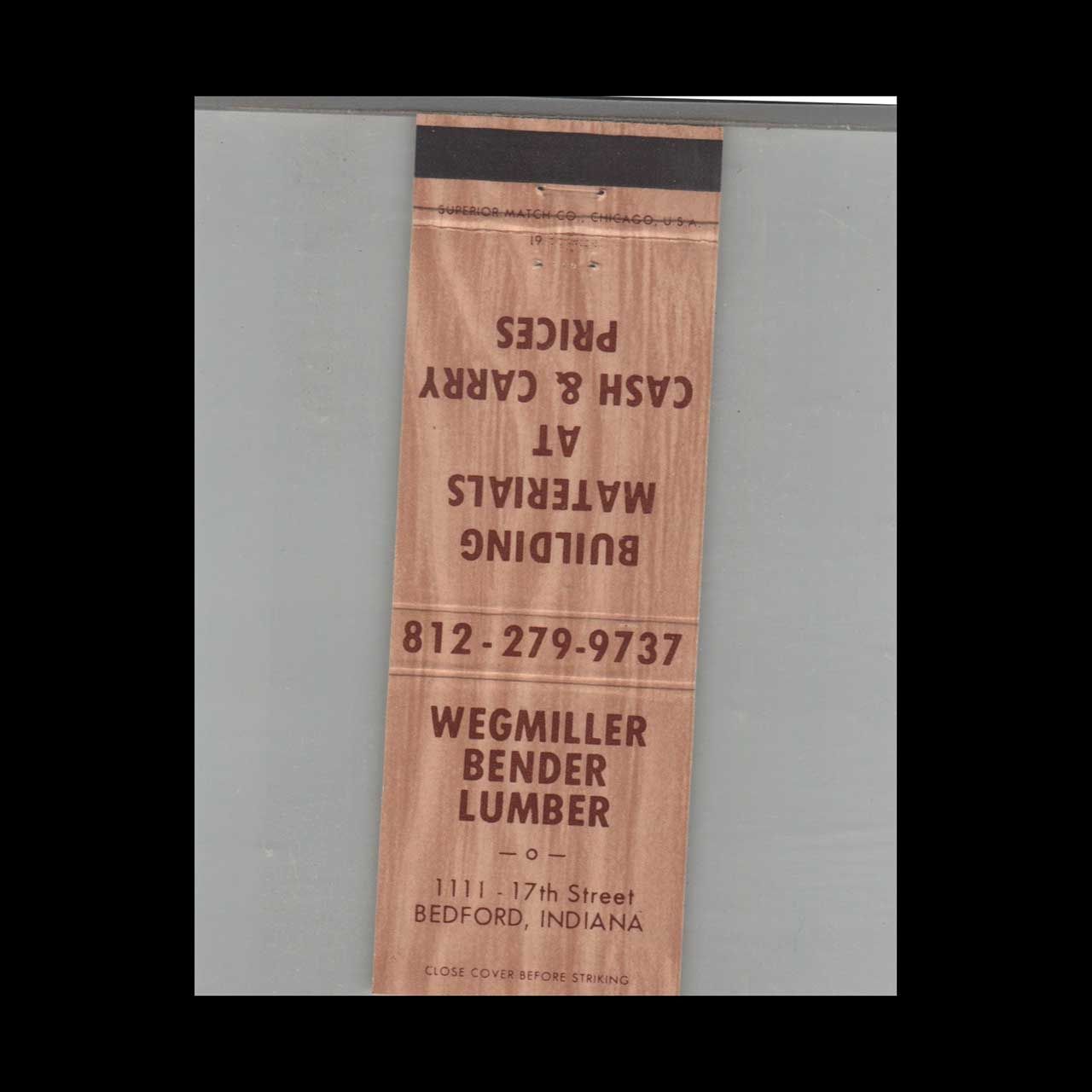Wegmiller Bender Lumber Bedford, IN Vintage Advertising Matchbook Cover Vintage Advertising Collectible