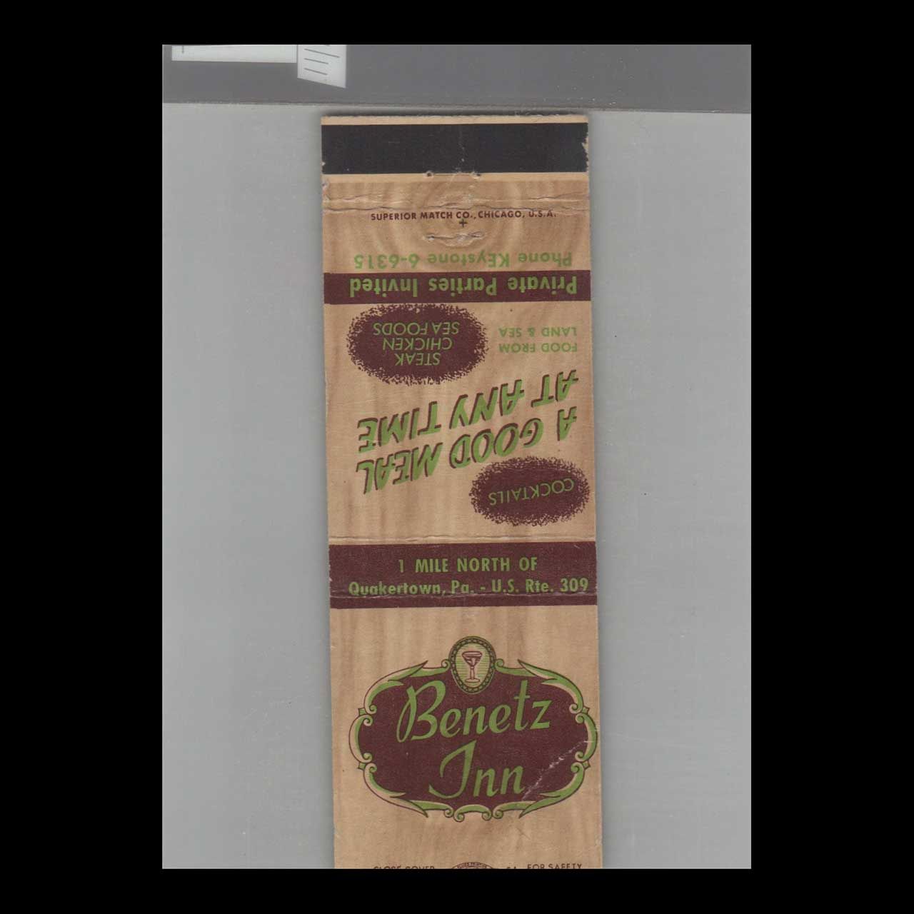 Benetz Inn Quakertown, PA Vintage Advertising Matchbook Cover Vintage Advertising Collectible