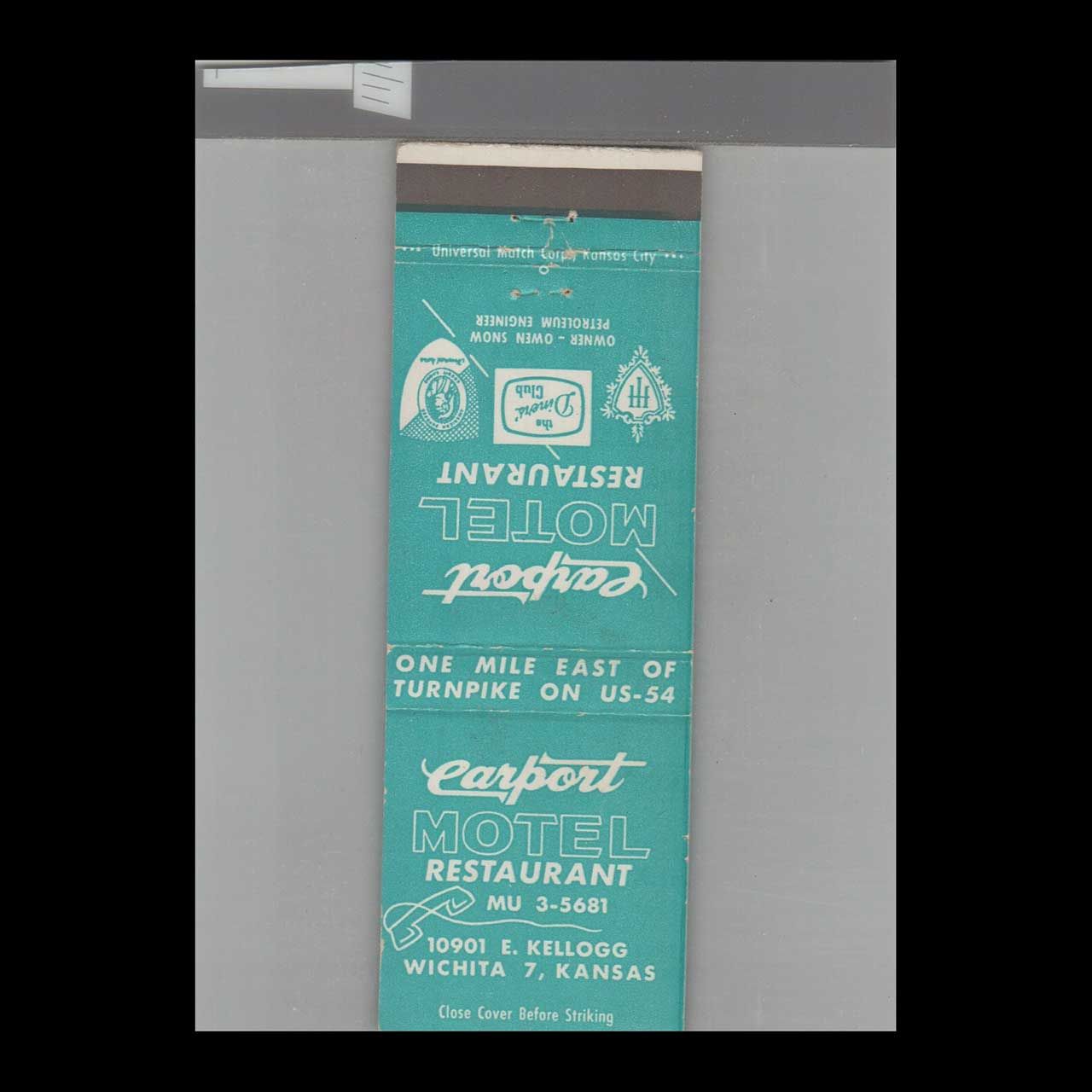 Carport Motel &amp; Restaurant Wichita, KS Vintage Advertising Matchbook Cover Vintage Advertising Collectible