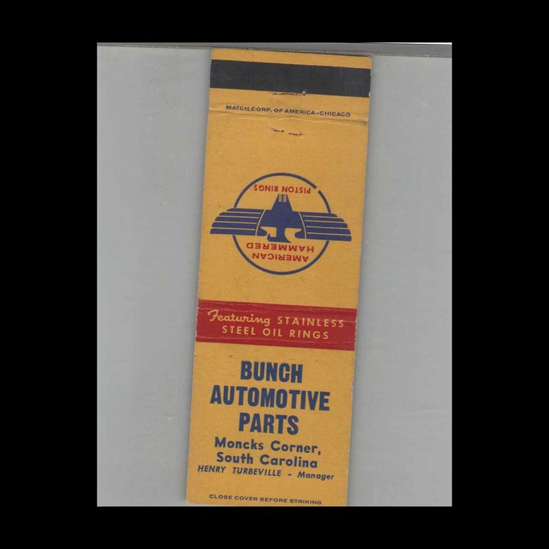 Bunch Automotive Parts Moncks Corner, SC Vintage Advertising Matchbook Cover Vintage Advertising Collectible