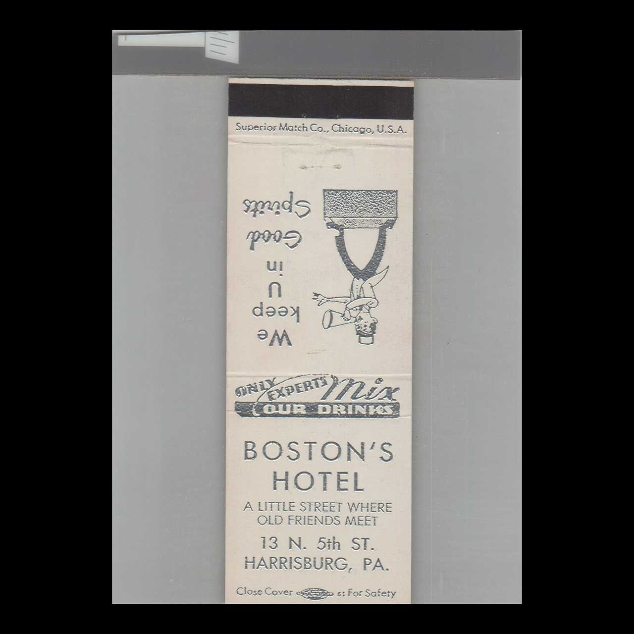 Boston&#39;s Hotel Harrisburg, PA Vintage Advertising Matchbook Cover Vintage Advertising Collectible