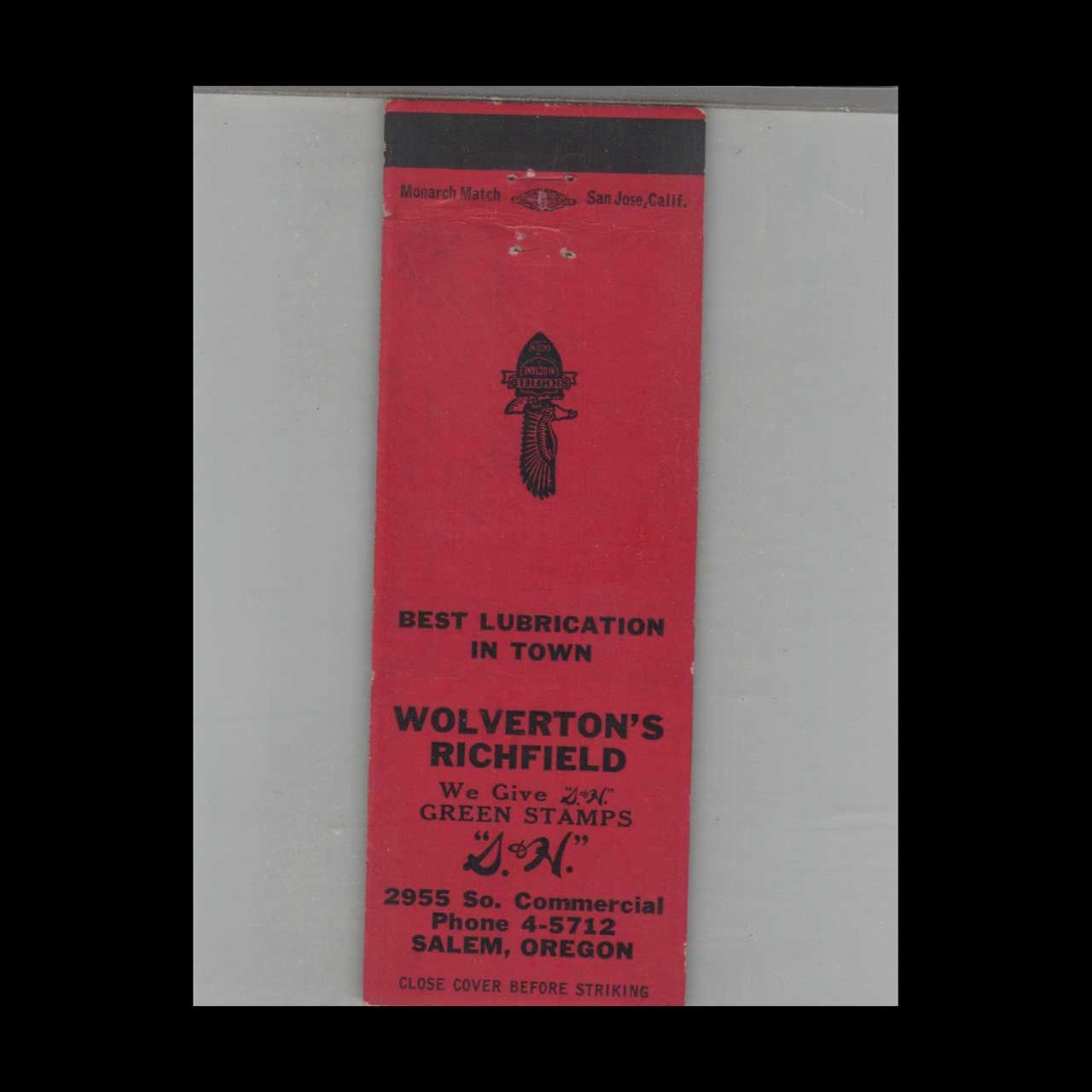 Wolverton&#39;s Richfield Gas Station Salem, OR Vintage Advertising Matchbook Cover Vintage Advertising Collectible
