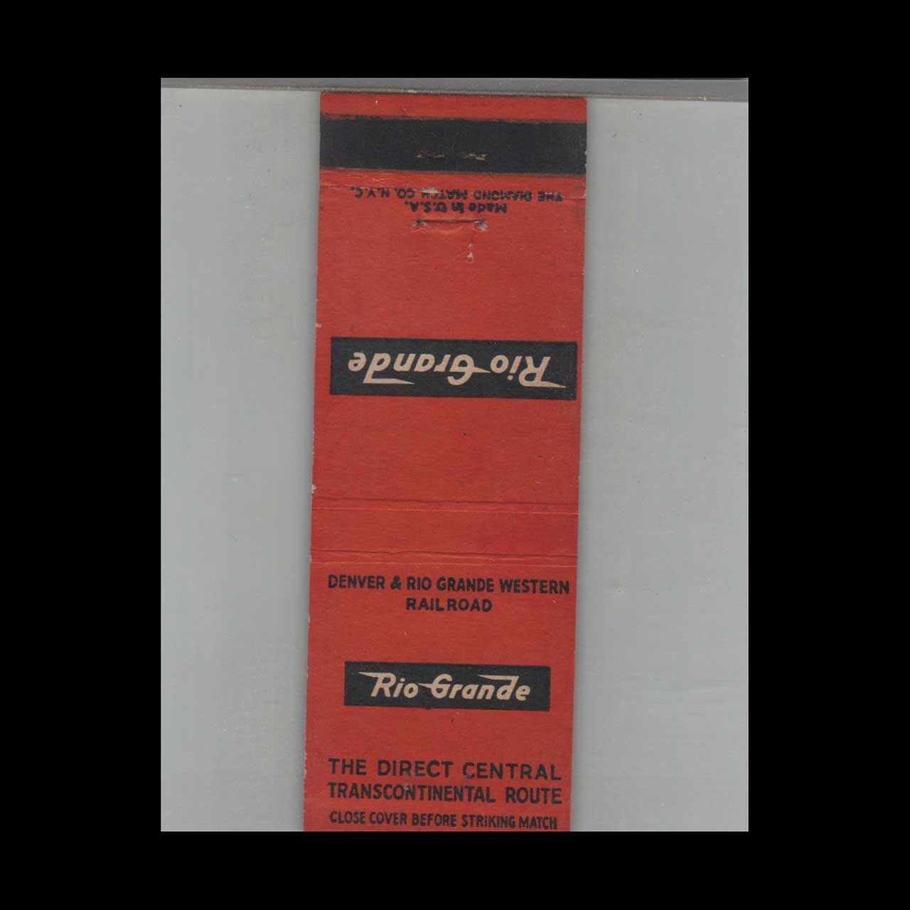 Railroad Rio Grande RR Direct Central Transcontinental Route Vintage Advertising Matchbook Cover Vintage Advertising Collectible