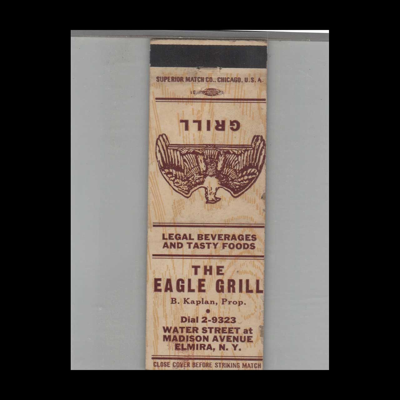 The Eagle Grill Elmira, NY Vintage Advertising Matchbook Cover Vintage Advertising Collectible