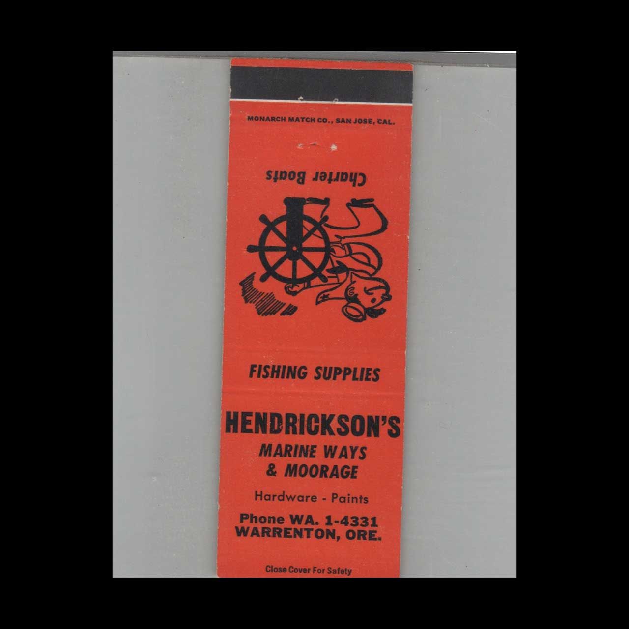 Hendrickson&#39;s Marine Ways &amp; Moorage Warrenton, OR Vintage Advertising Matchbook Cover Vintage Advertising Collectible