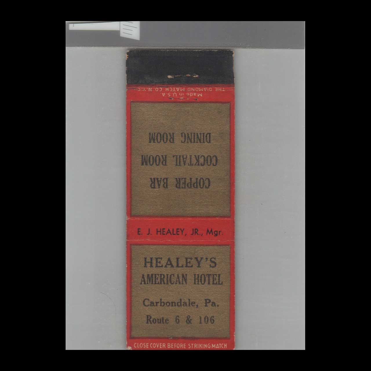 Healey&#39;s American Hotel Carbondale, PA Vintage Advertising Matchbook Cover Vintage Advertising Collectible