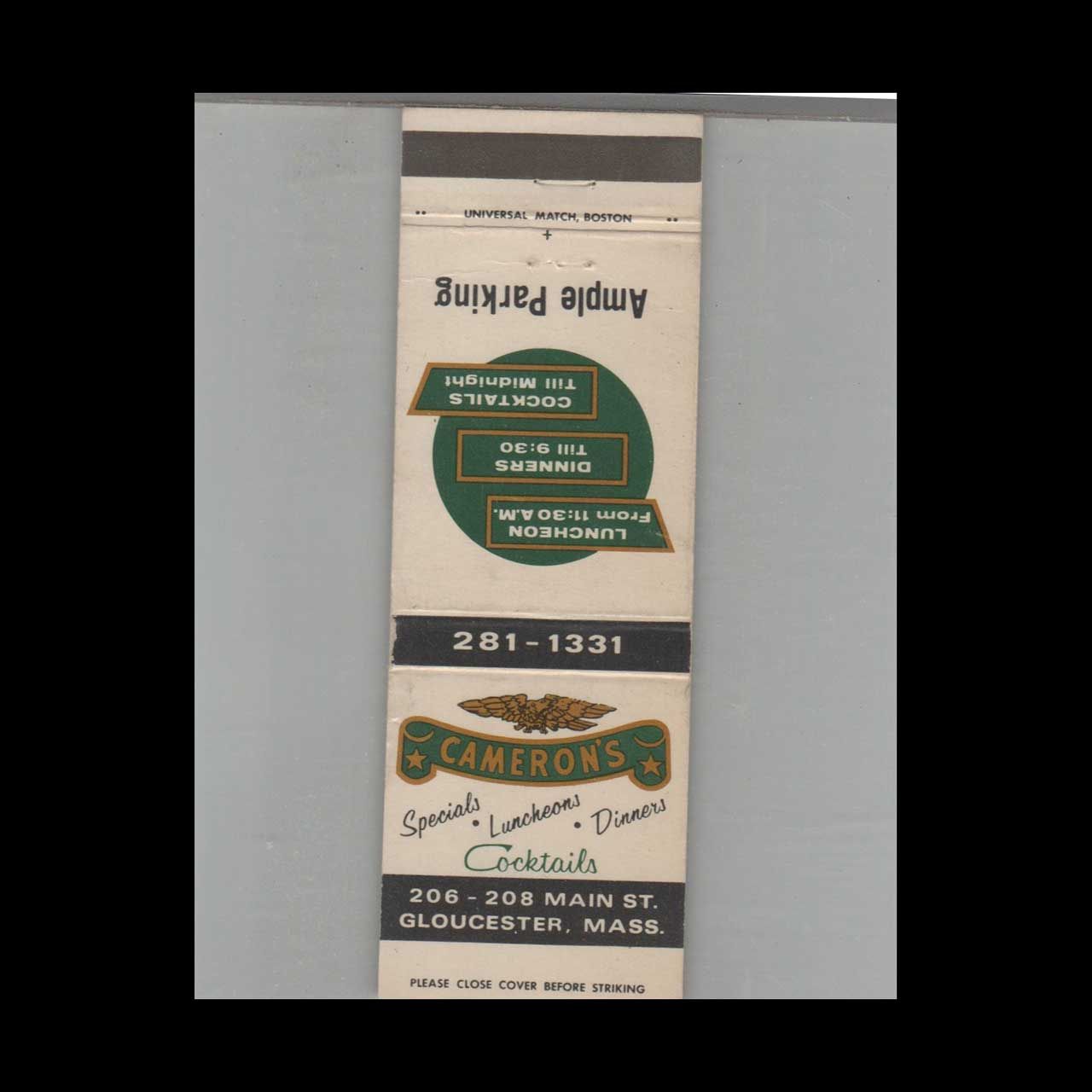 Cameron&#39;s Restaurant Gloucester, MA Vintage Advertising Matchbook Cover Vintage Advertising Collectible