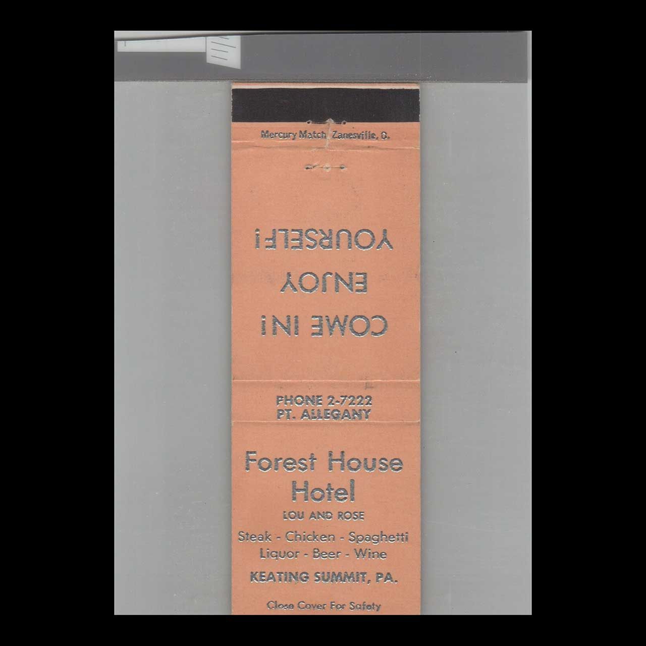 Forest House Hotel Keating Summit, PA Vintage Advertising Matchbook Cover Vintage Advertising Collectible