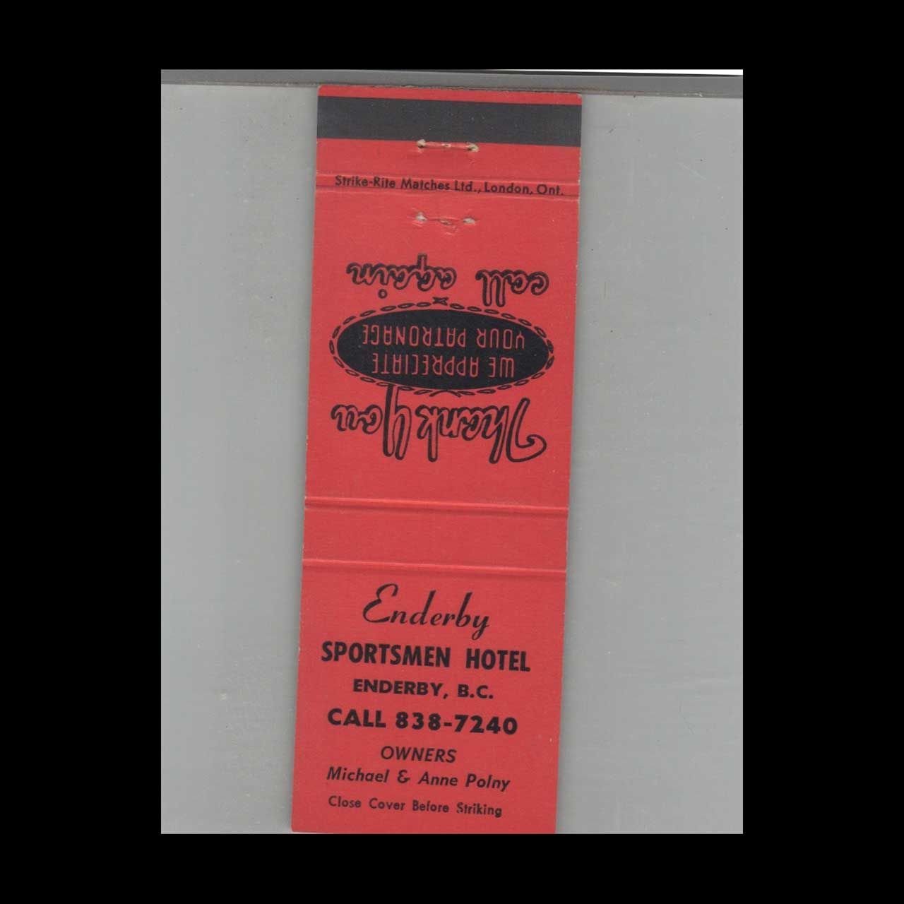 Sportsmen Hotel Enderby, BC Vintage Advertising Matchbook Cover Vintage Advertising Collectible