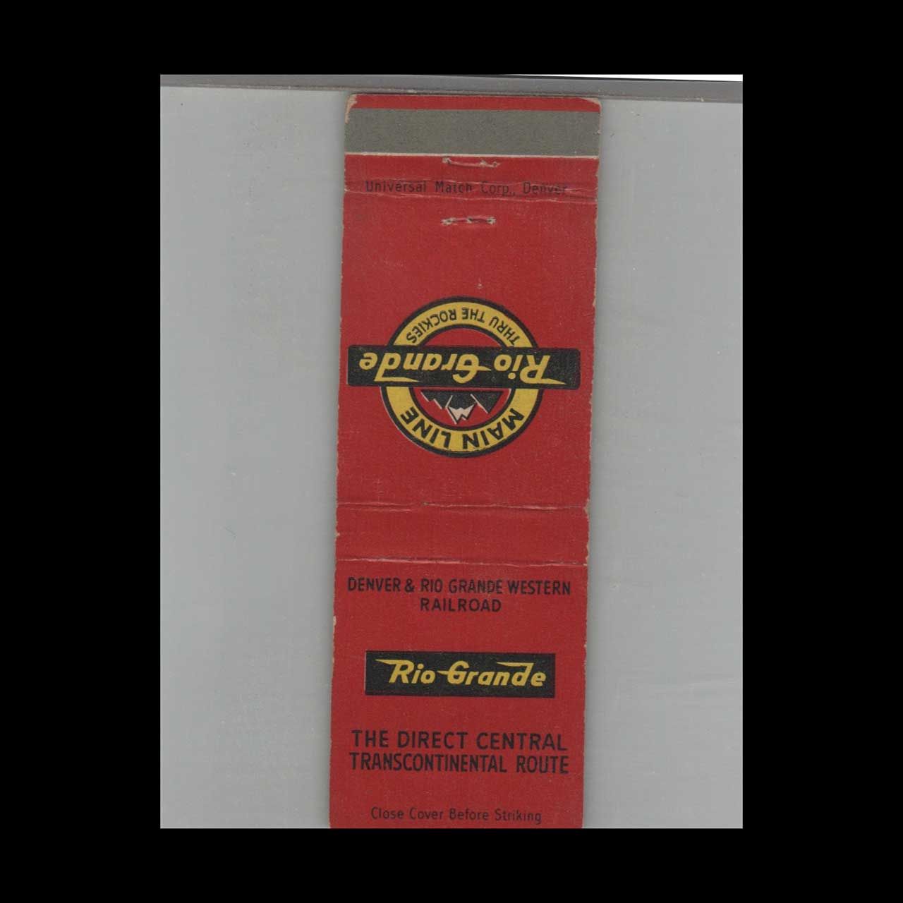 Railroad Rio Grande RR Direct Central Transcontinental Route Vintage Advertising Matchbook Cover Vintage Advertising Collectible