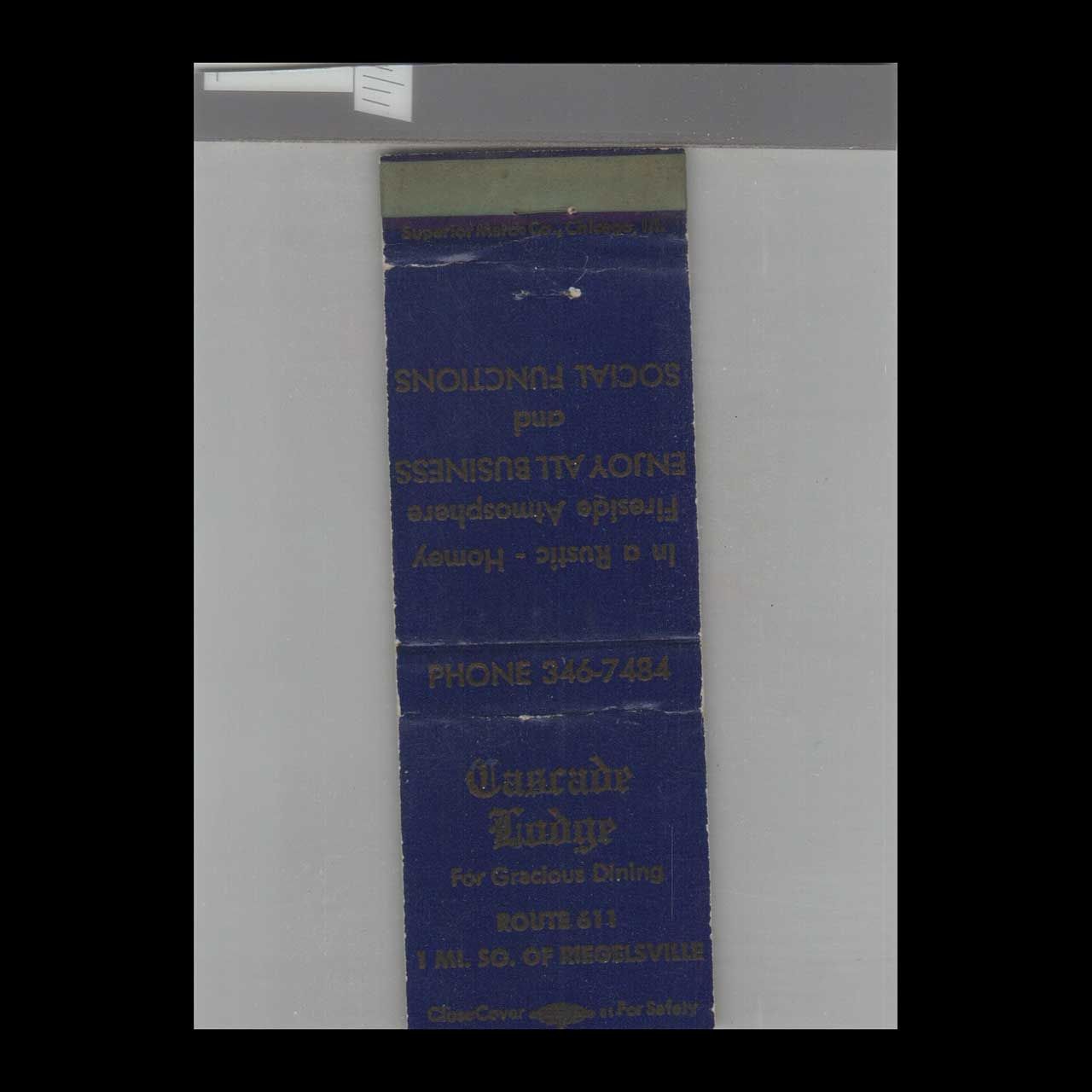 Cascade Lodge Riegelsville Vintage Advertising Matchbook Cover Vintage Advertising Collectible