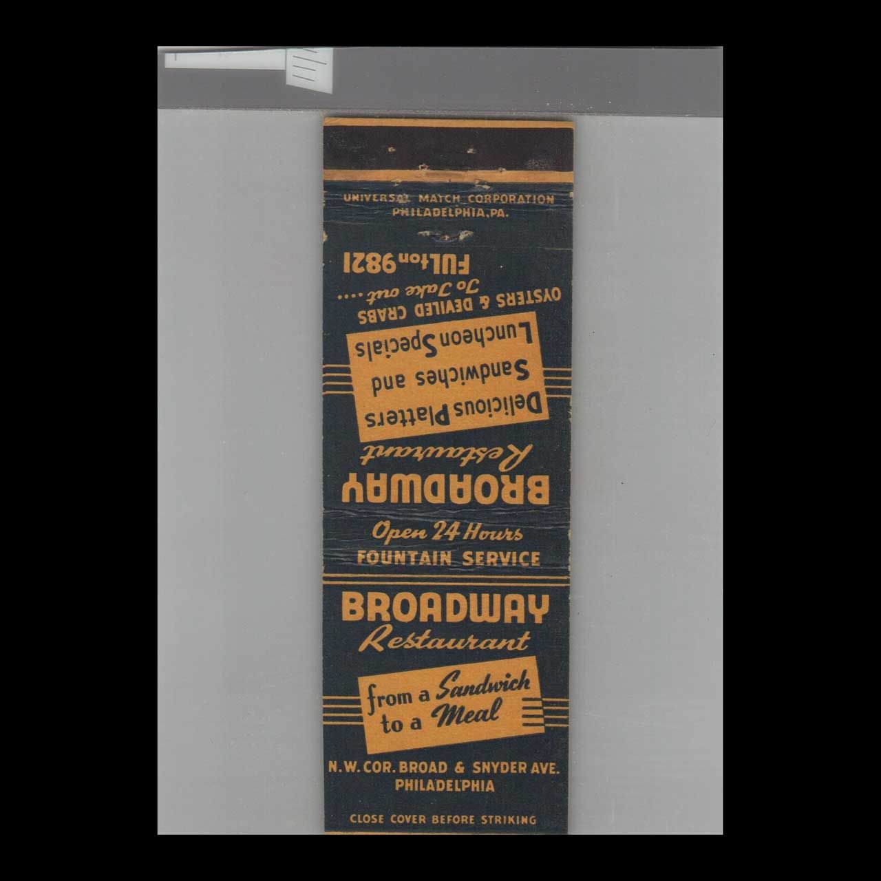 Broadway Restaurant Philadelphia, PA Vintage Advertising Matchbook Cover Vintage Advertising Collectible